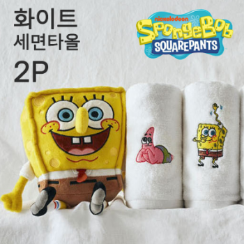 [국내생산] 스폰지밥&뚱이 캐릭터 화이트 세면타올수건 2P