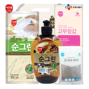 CJ이츠웰 순그린500(곡물),순그린(300리필),수세미,고무장갑 4종세트