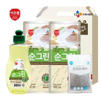 CJ이츠웰 순그린(320용기),순그린(300리필)*2개,수세미 4종세트