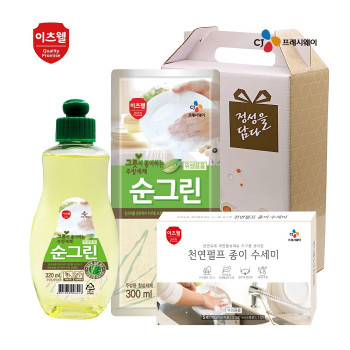 CJ이츠웰 순그린320용기,리필,천연종이수세미5매 3종세트