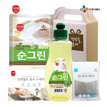 CJ이츠웰 순그린320용기,리필,천연종이수세미5매,은사수세미 4종세트