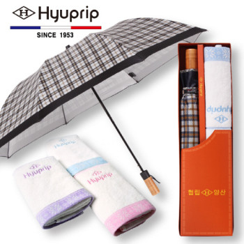 협립 2단 멀티체크실버 원목손 우산+눈꽃타월1P 세트