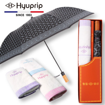 협립 2단 클래식실버 원목손 우산+눈꽃타월1P 세트