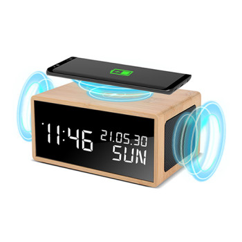 우드쇼 ES2019 블루투스스피커 무선충전LED리얼우드시계 흑경