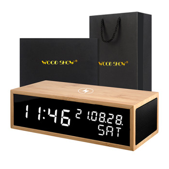 우드쇼 R1313 블루투스스피커,무선충전 리얼우드시계_흑경 아답터포함 고급패키지