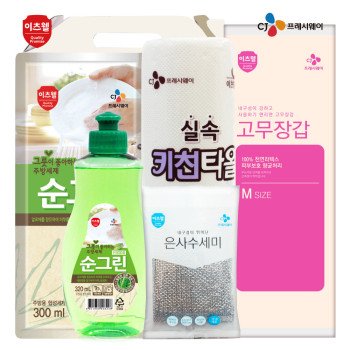 CJ이츠웰 순그린(320용기),순그린(300리필),고무장갑,수세미,키친타올 5종세트