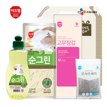 CJ이츠웰 순그린(320용기),순그린(300리필),수세미,고무장갑 4종세트