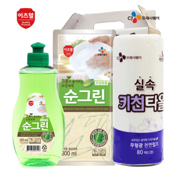 CJ이츠웰 순그린320ml용기,순그린300ml리필,키친타올3종세트
