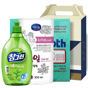 LION 참그린 녹차 뽀드득 용기 500g + 무궁화 키친솝 연잎 주방세제 리필 300ml + 독일칼라행주 [102-212491]