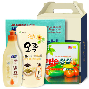 LION 참그린 순수발효 곡물 용기 300g + 무궁화 오곡 안심설거지 리필 300ml + 크린손 위생장갑 50매 (평판) + 독일칼라행주 1P [102-212199]